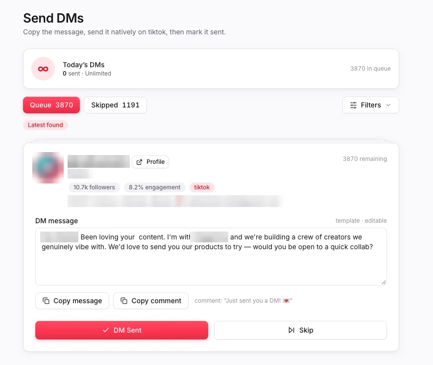 DM queue with the prepared message, personal details hidden