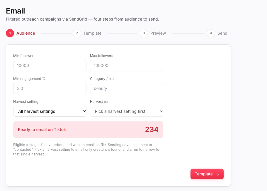 Email campaign: audience by followers, engagement, and niche